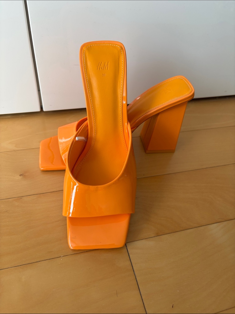 H&M Bright Orange Patent Square-Toe Block Heel Mules